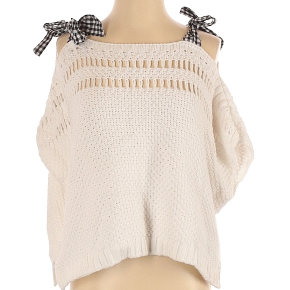 Anthropologie  Maeve  Oversized Knit White Sweater with Gingham Tie Straps